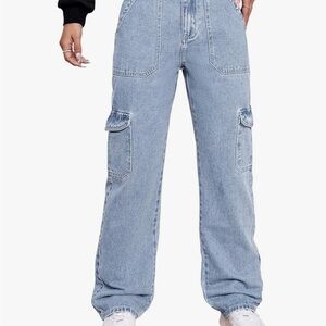 Light Wash High Waisted Denim Cargo Jeans